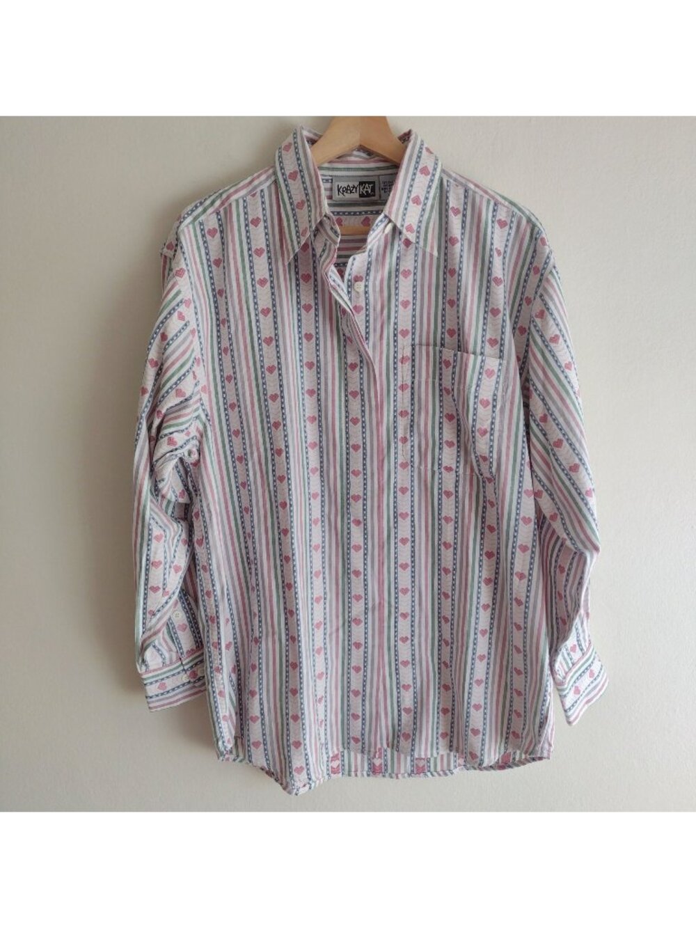 Krazy Kat Vitg 90s Heart Print Blouse M NEW Stripe Button-Up Shirt Deadstock